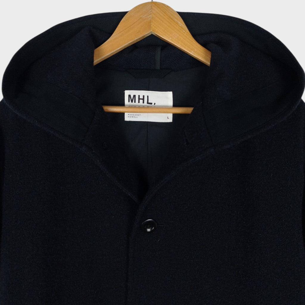 MHL MARGARET HOWELL Men's Dark Navy Blue 100% Wool Hooded Coat