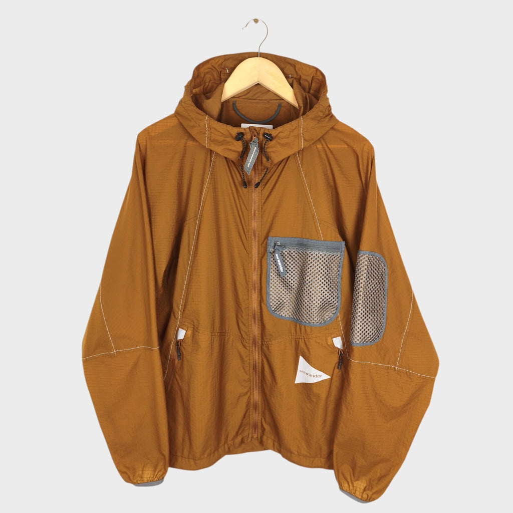 AND WANDER Men's Brown Breath Rip Hooded Jacket