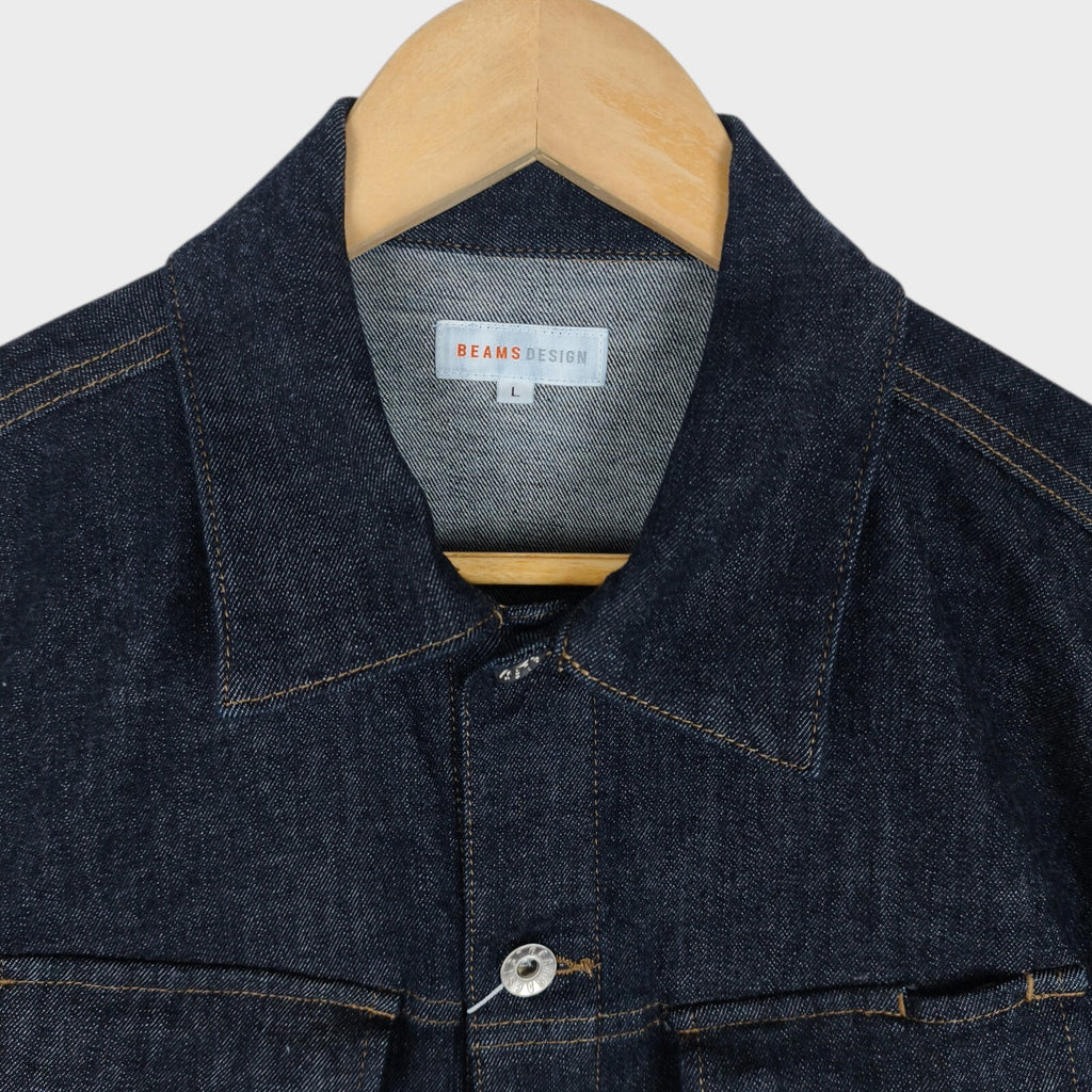 BEAMS Men's Dark Blue Cropped Denim Utility Chore Jacket