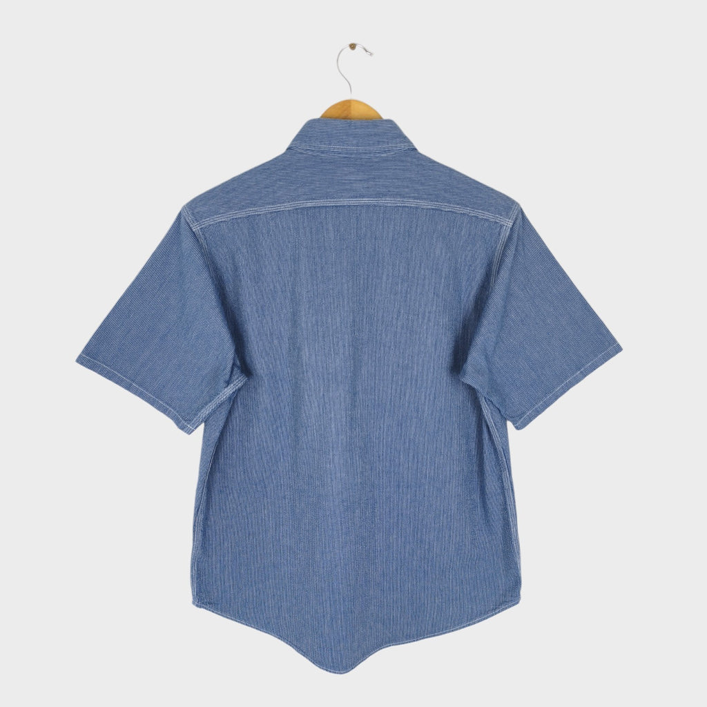 SUGAR CANE Men's Made in Japan Blue Embroidered Striped Utility Work Shirt