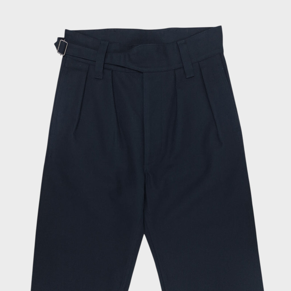 MHL MARGARET HOWELL Men's Navy Blue 60/40 Cotton Wool Blend Pleated High Waist Trousers