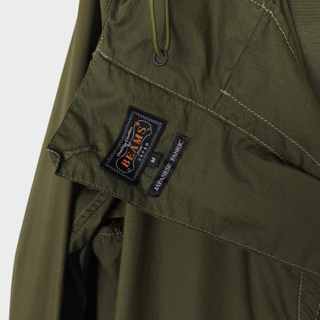 BEAMS PLUS Men's Olive Green Nylon Lightweight Anorak Parka Smock Jacket