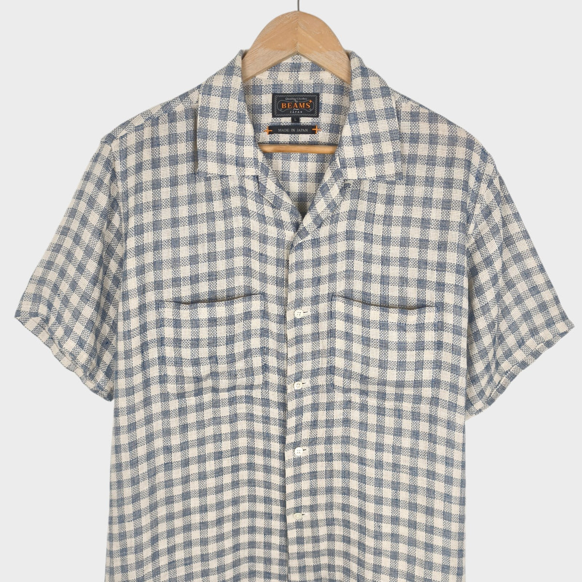 BEAMS PLUS Men's Made in Japan 100% Linen Checked Knitted Vacation Shirt