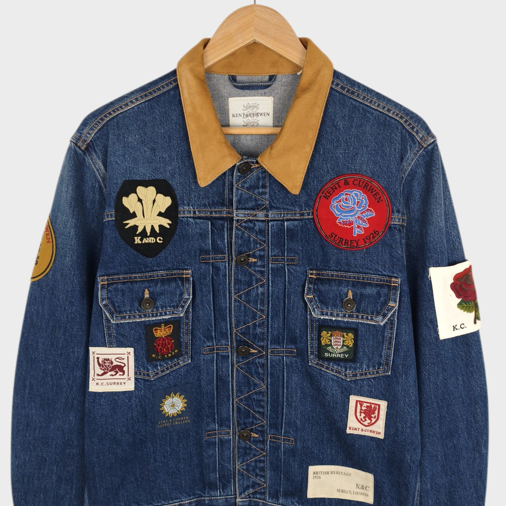KENT & CURWEN Men's Blue Made in Italy Embroidered Patches Denim Jacket