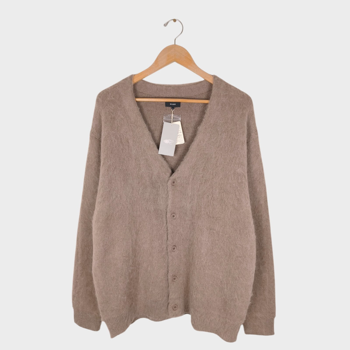 BEAMS Men's Taupe Mohair Blend Shaggy Grunge Cardigan