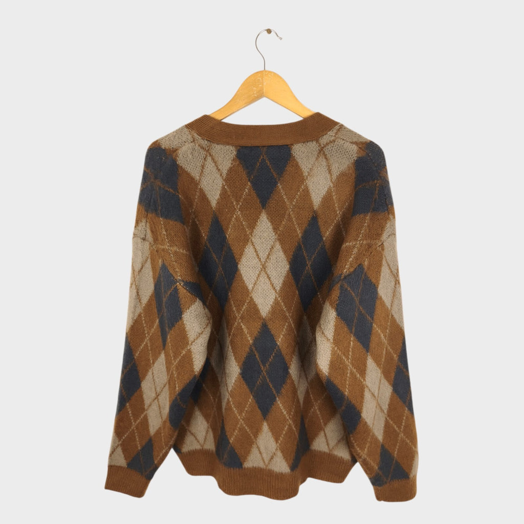 BEAMS HEART Men's Brown Shaggy Grunge Argyle Cardigan
