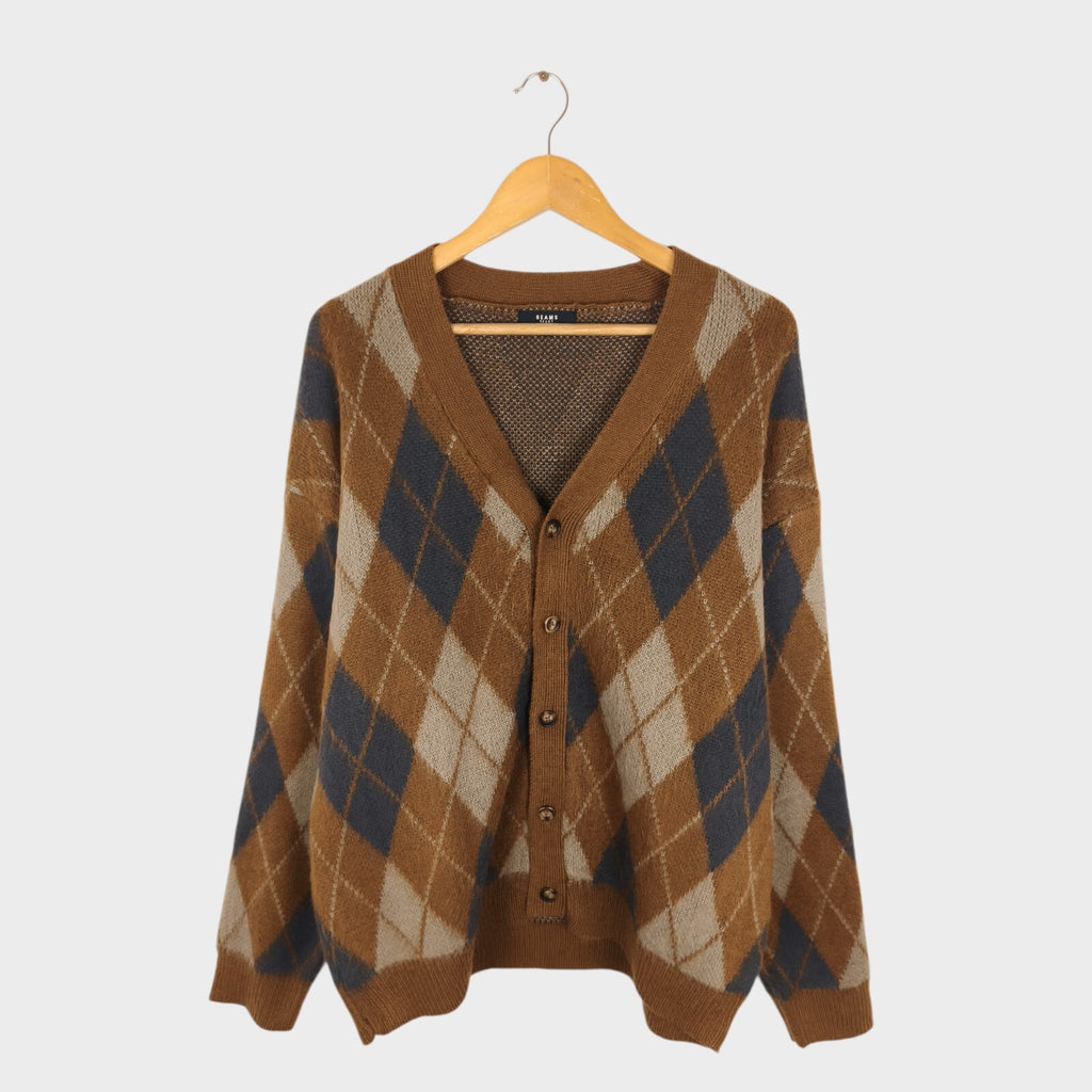 BEAMS HEART Men's Brown Shaggy Grunge Argyle Cardigan