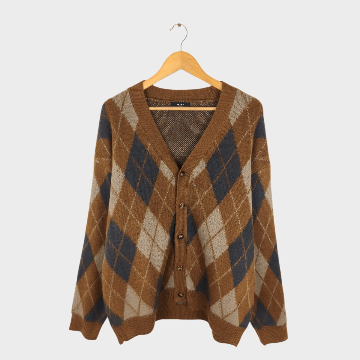 BEAMS HEART Men's Brown Shaggy Grunge Argyle Cardigan