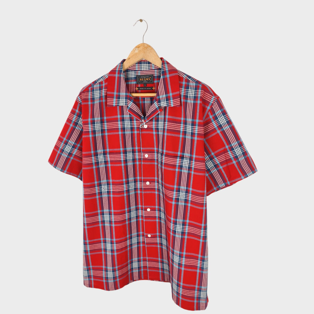 BEAMS PLUS Men's Made in Japan Cotton Red Checked Camp Collar Shirt