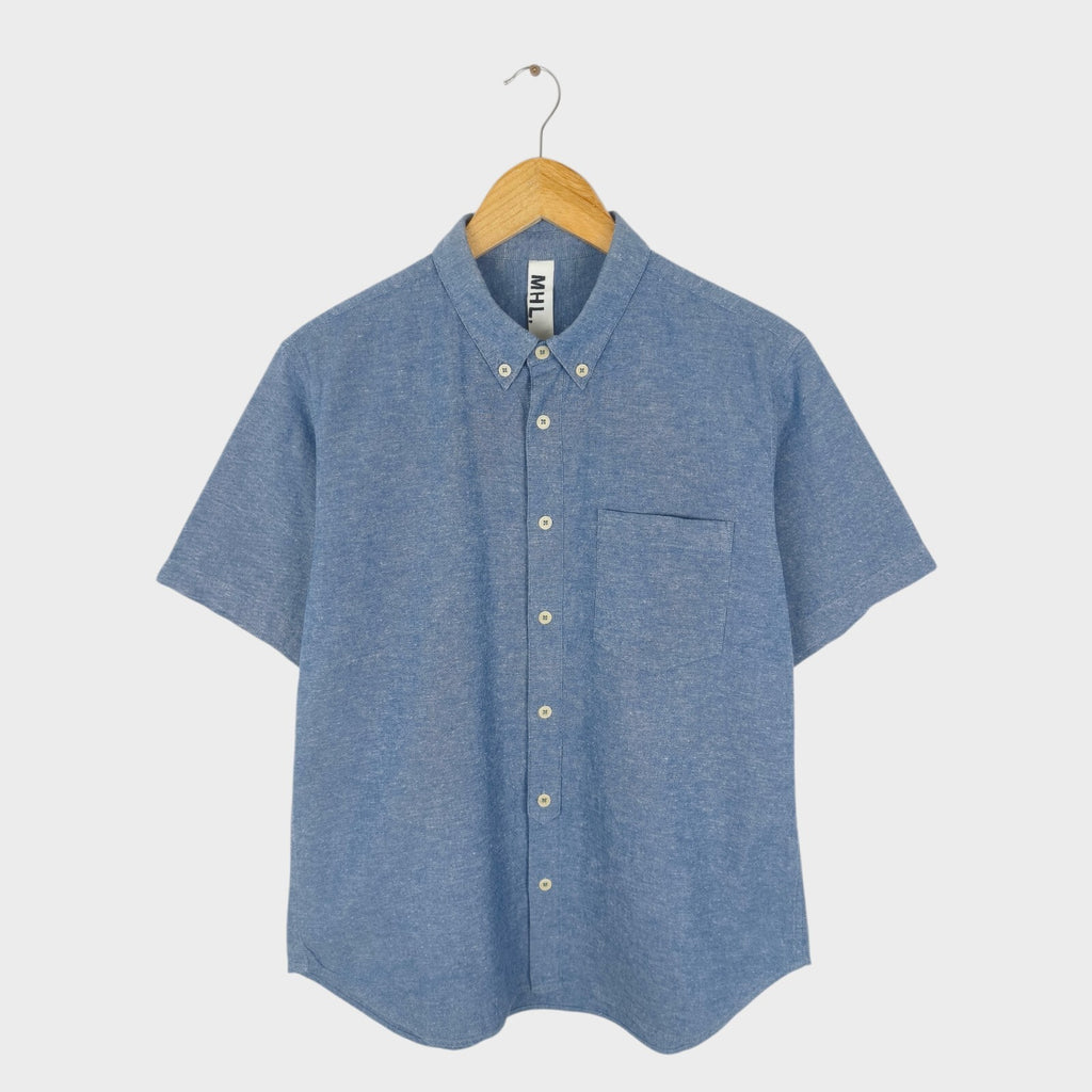 MHL MARGARET HOWELL Men's Blue Cotton/Linen Short Sleeved Shirt