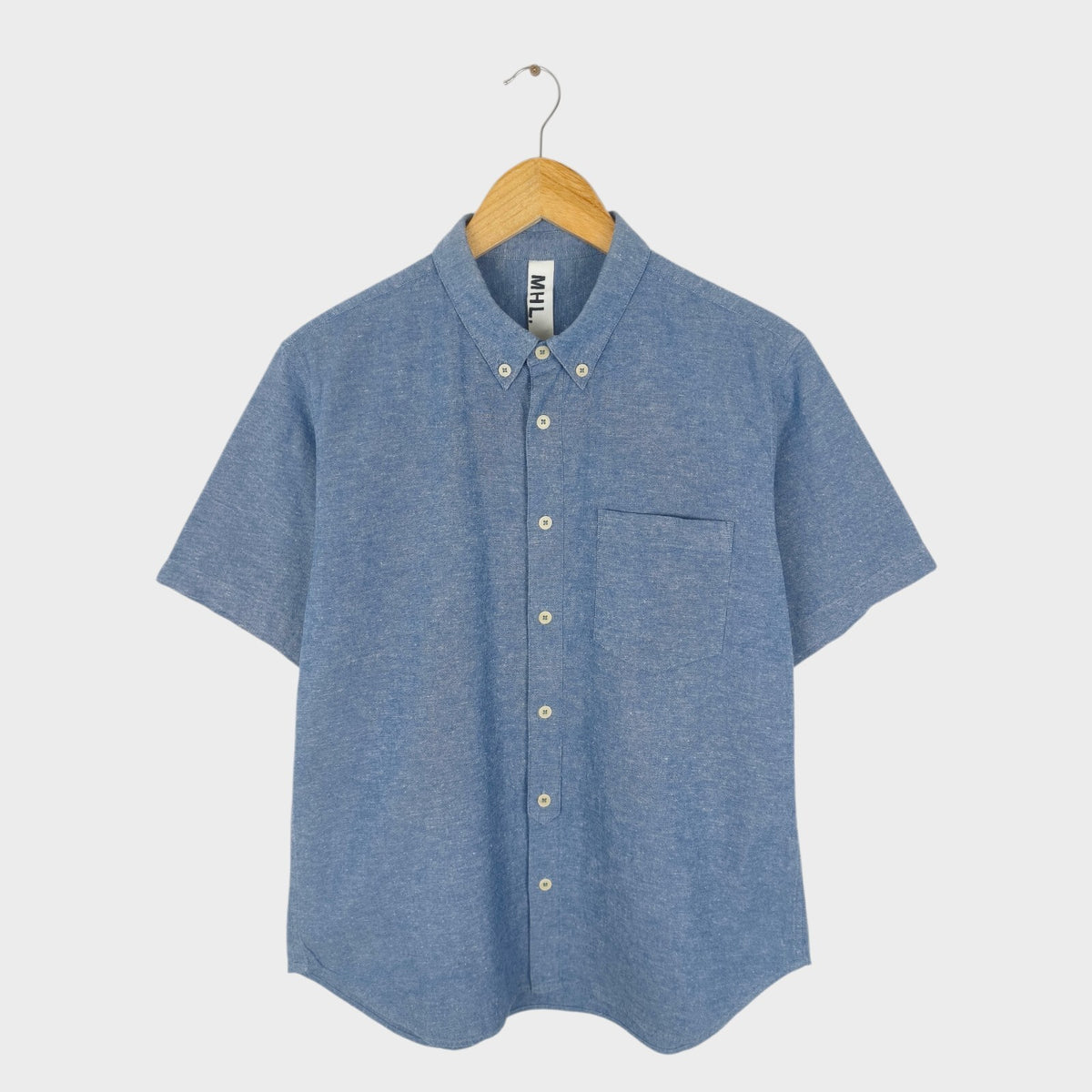 MHL MARGARET HOWELL Men's Blue Cotton/Linen Short Sleeved Shirt