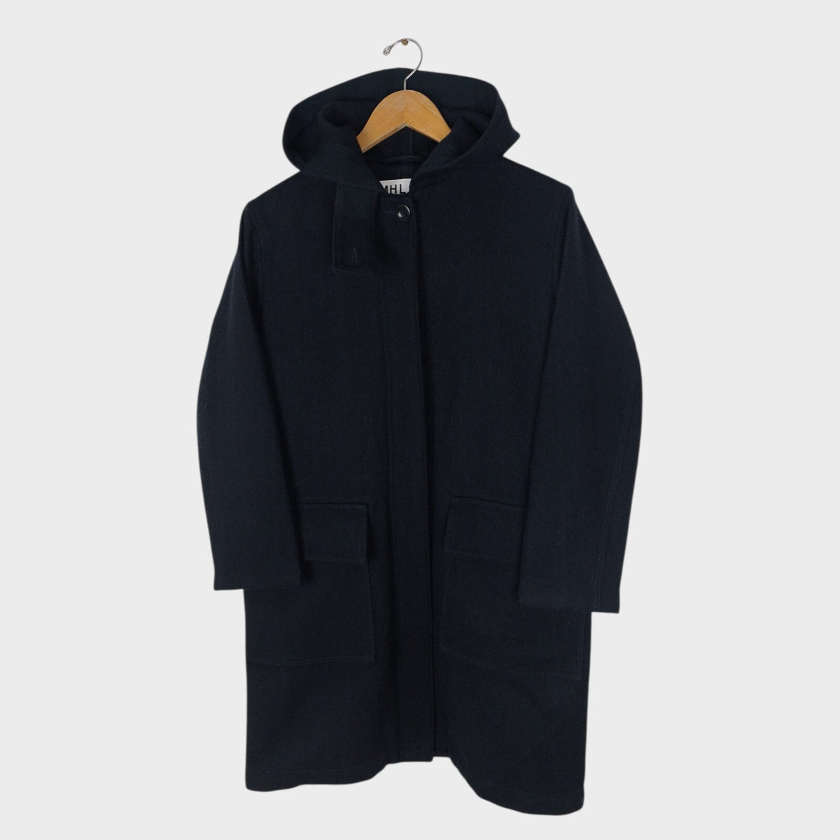 MHL MARGARET HOWELL Women's Navy Blue 100% Wool Hooded Coat