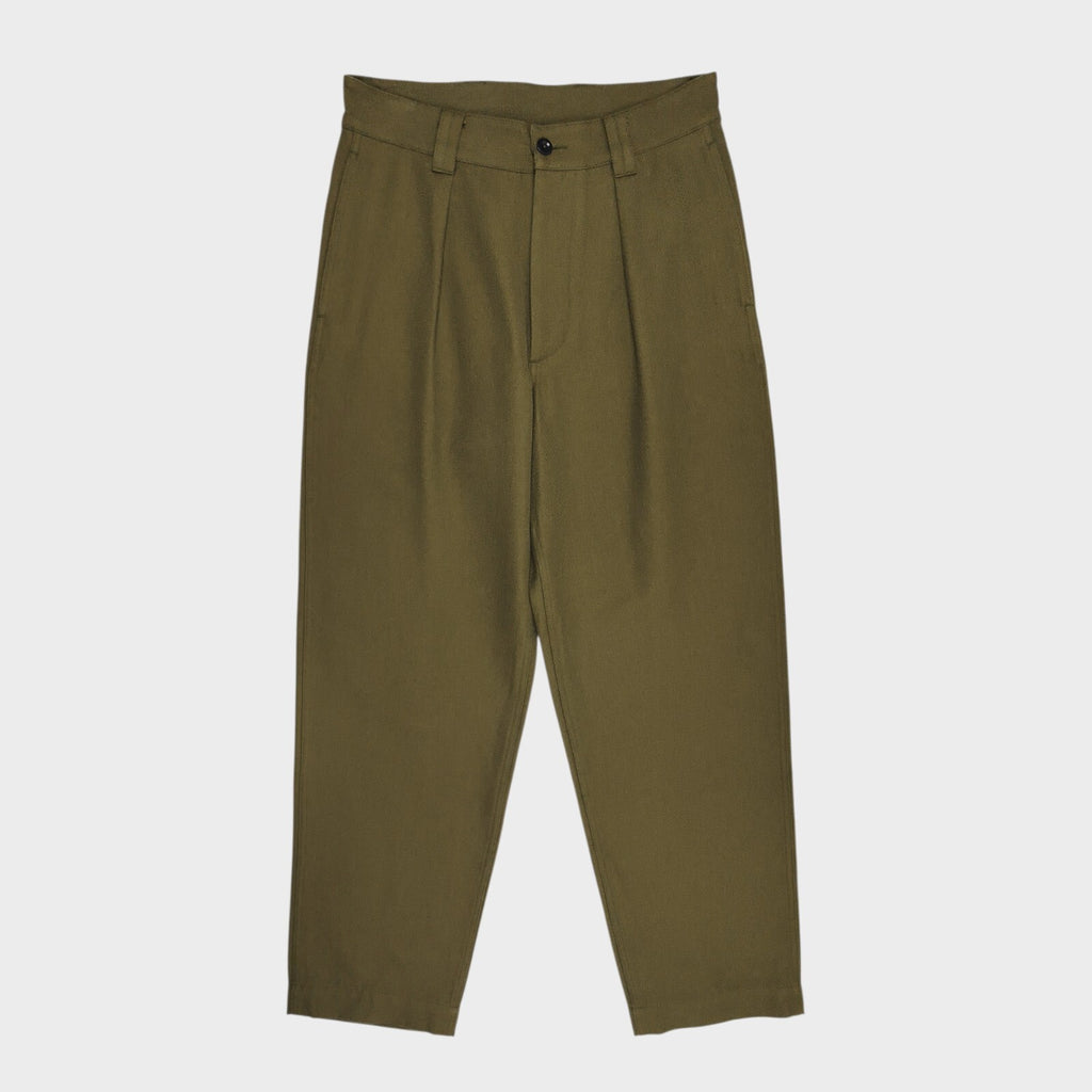 MHL MARGARET HOWELL Men's Green 60/40 Cotton Wool Pleated High Waist Trousers