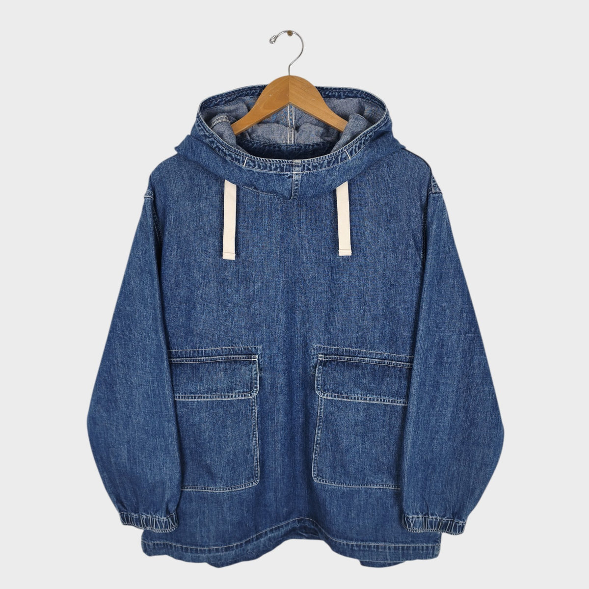 BEAMS Men's Relaxed Fit Washed Blue Denim Anorak Smock Jacket