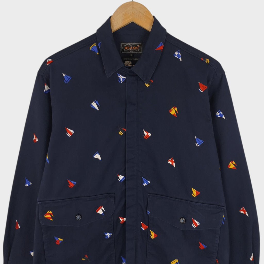 BEAMS PLUS Men's Navy Blue Embroidered Boat Cotton Twill Sailing Jacket