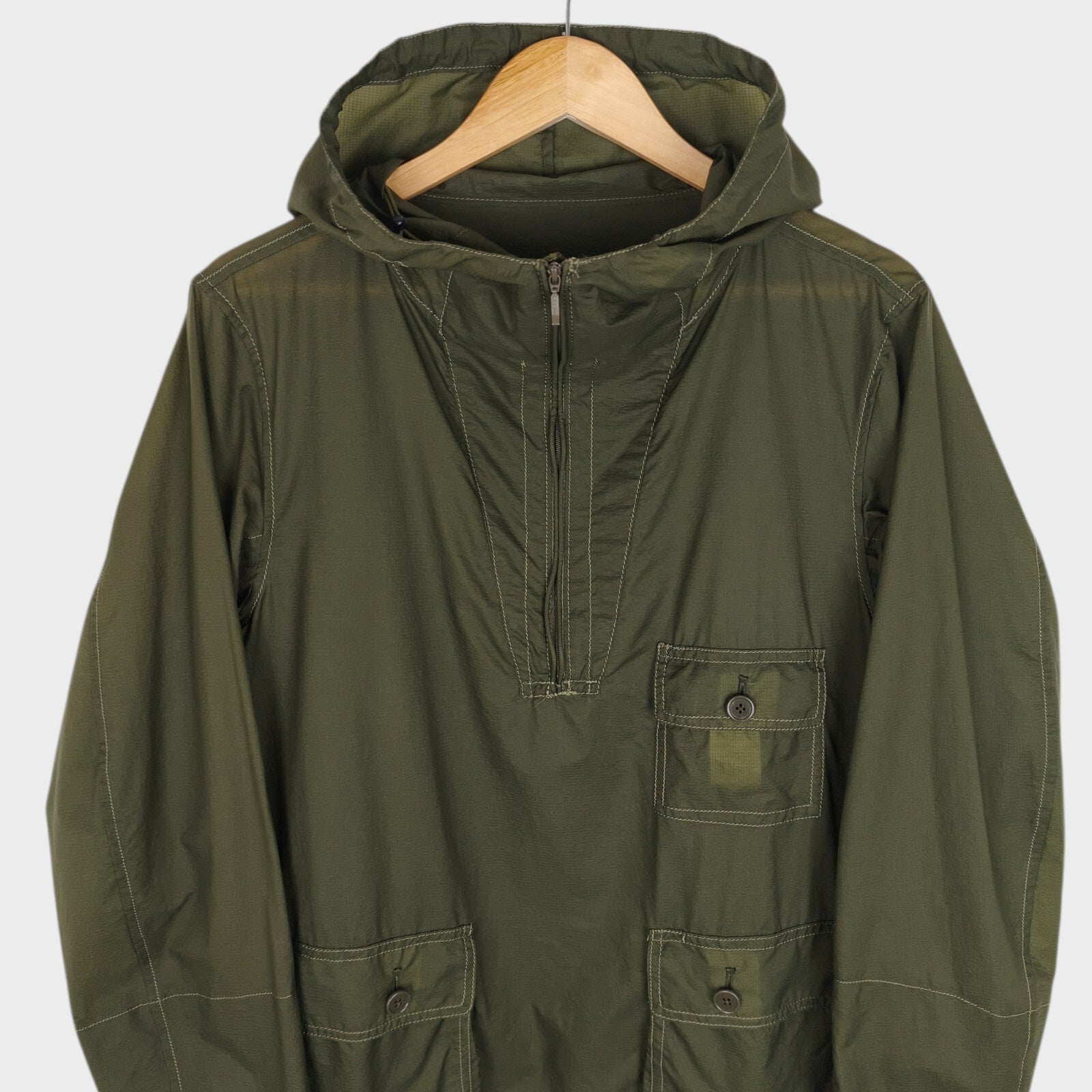 BEAMS PLUS Men's Olive Green Nylon Lightweight Anorak Parka Smock Jacket
