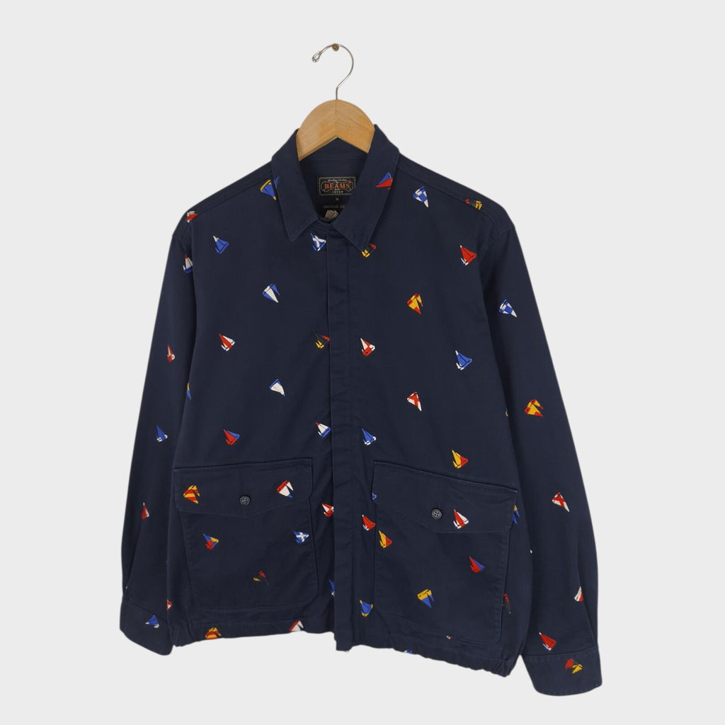 BEAMS PLUS Men's Navy Blue Embroidered Boat Cotton Twill Sailing Jacket