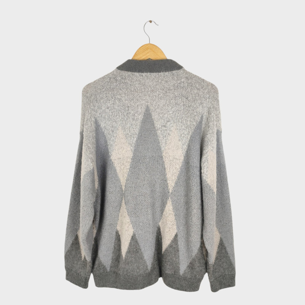 BEAMS HEART Men's Mohair Wool Blend Shaggy Grunge Argyle Cardigan