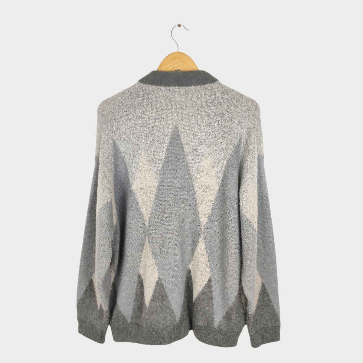 BEAMS HEART Men's Mohair Wool Blend Shaggy Grunge Argyle Cardigan