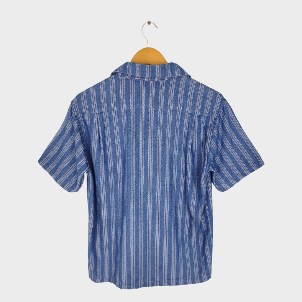 MOMOTARO Men's Made in Japan Blue Striped Camp Collar Short Sleeved Shirt