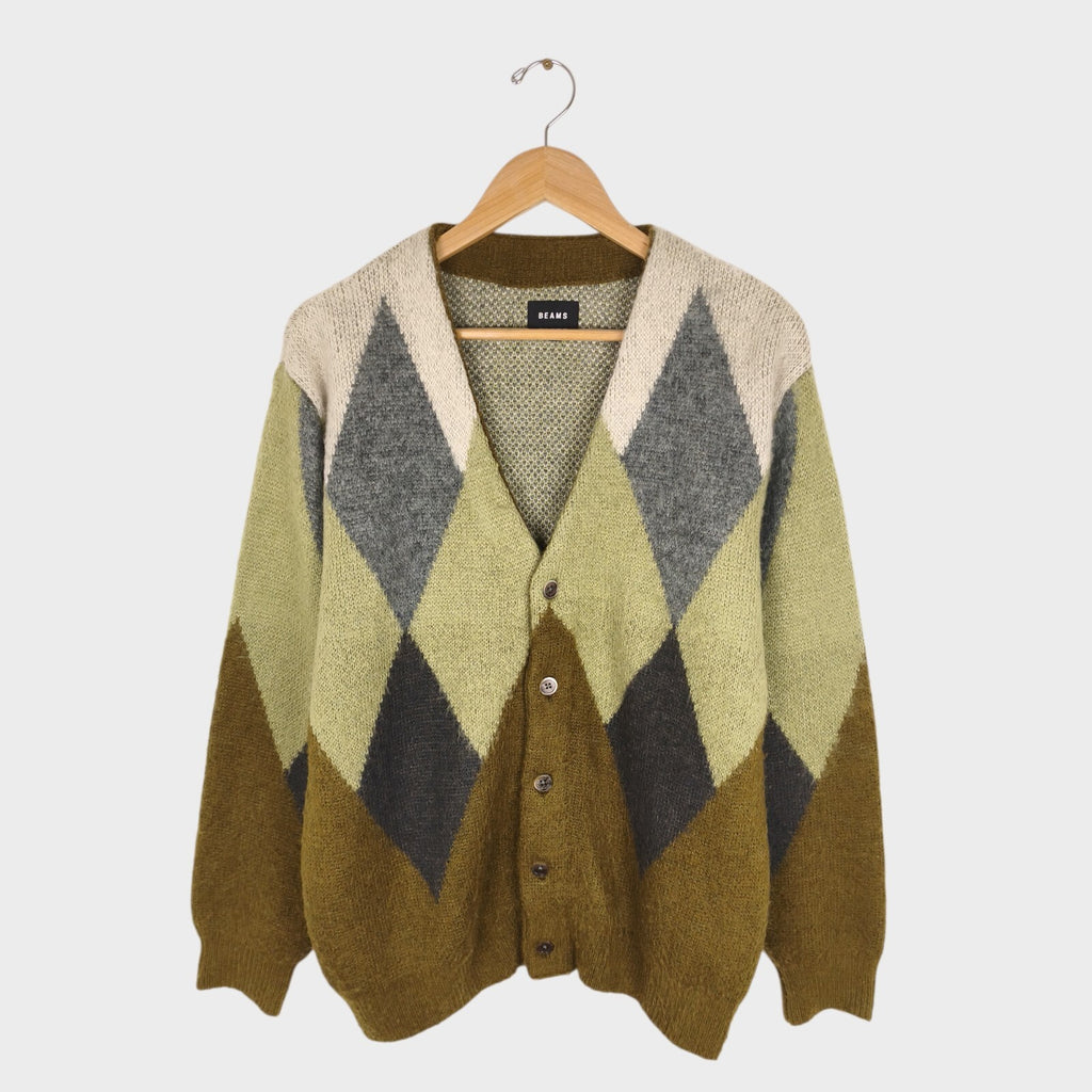 BEAMS Men's Argyle Wool Blend Shaggy Grunge Cardigan