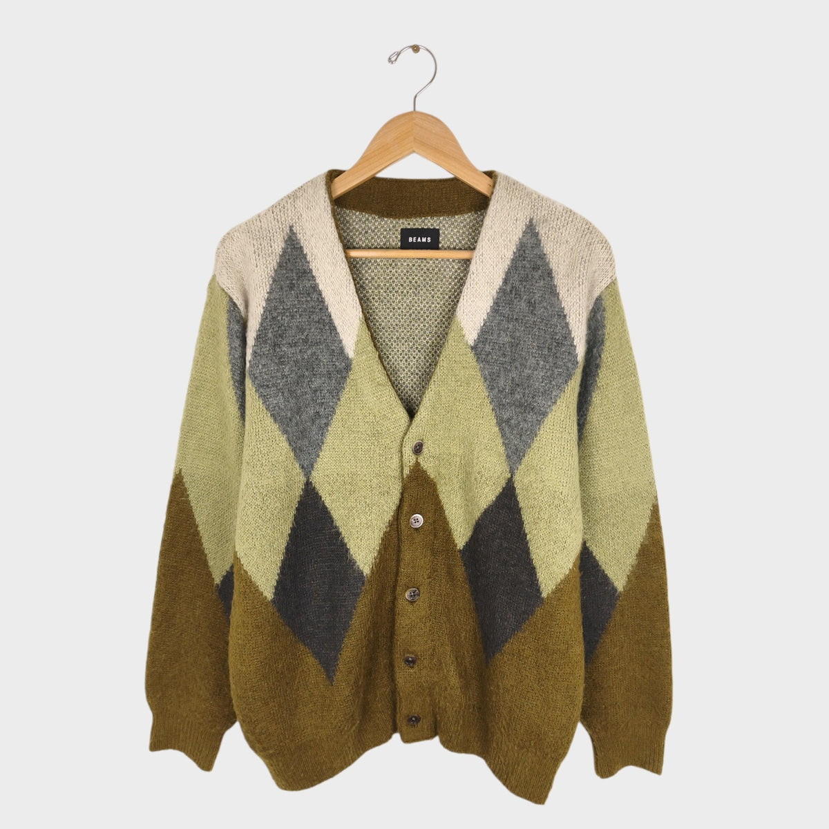 BEAMS Men's Argyle Wool Blend Shaggy Grunge Cardigan