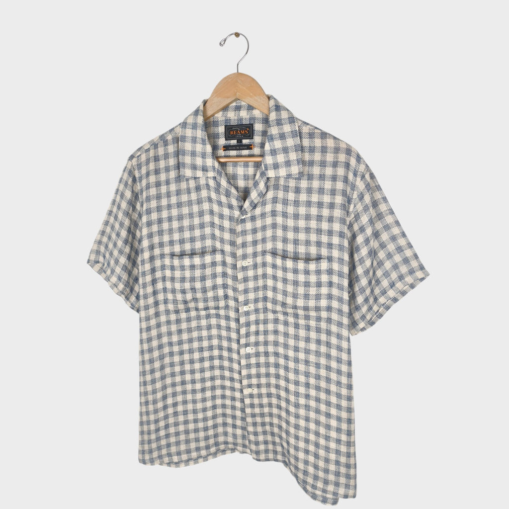 BEAMS PLUS Men's Made in Japan 100% Linen Checked Knitted Vacation Shirt