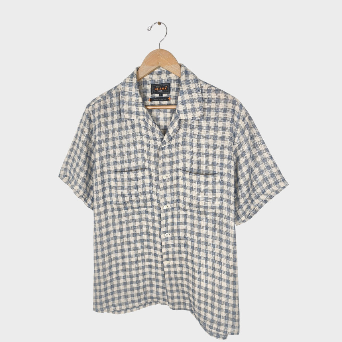 BEAMS PLUS Men's Made in Japan 100% Linen Checked Knitted Vacation Shirt