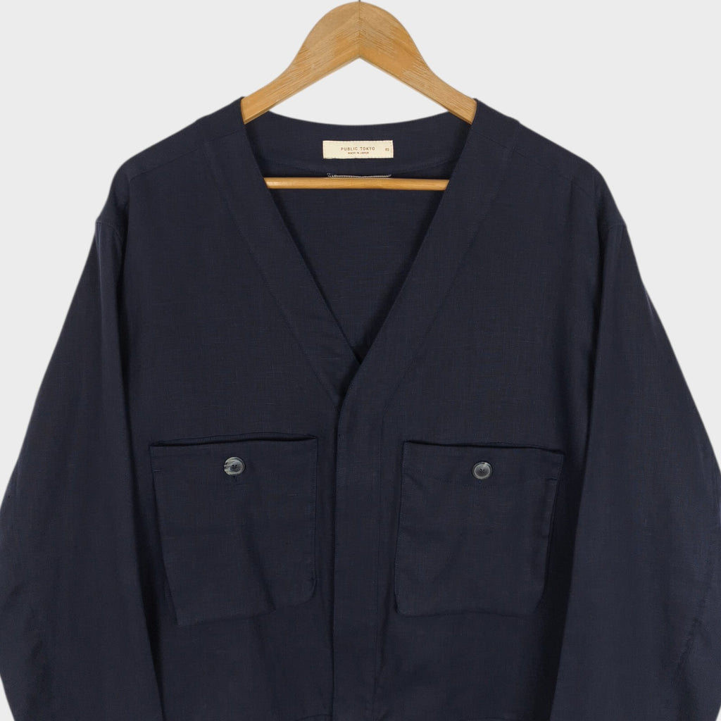 PUBLIC TOKYO Men's Navy Blue Made in Japan 100% Linen V-Neck Utility Jacket