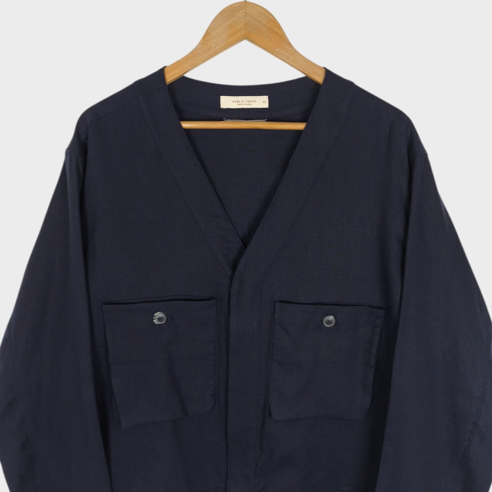 PUBLIC TOKYO Men's Navy Blue Made in Japan 100% Linen V-Neck Utility Jacket