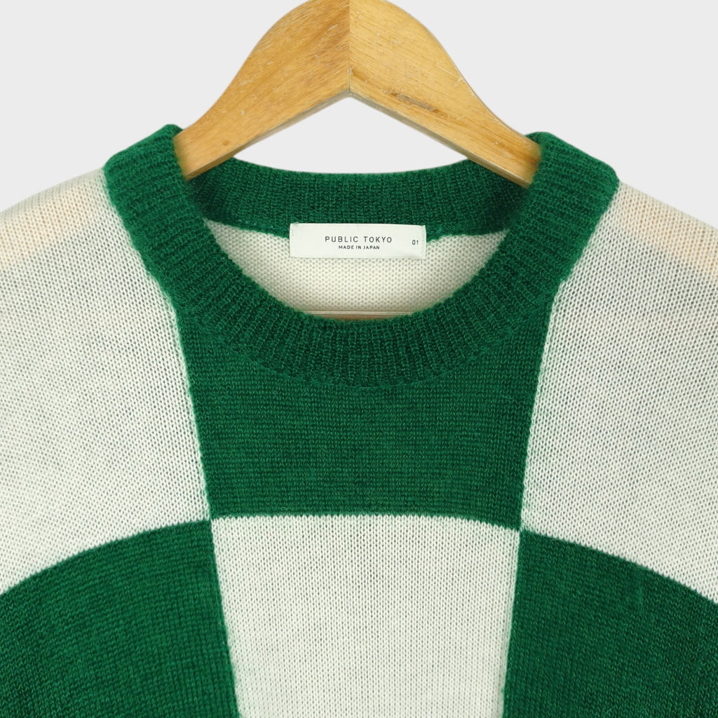 PUBLIC TOKYO Men's Made in Japan Green/White Check Mohair Blend Shaggy Jumper