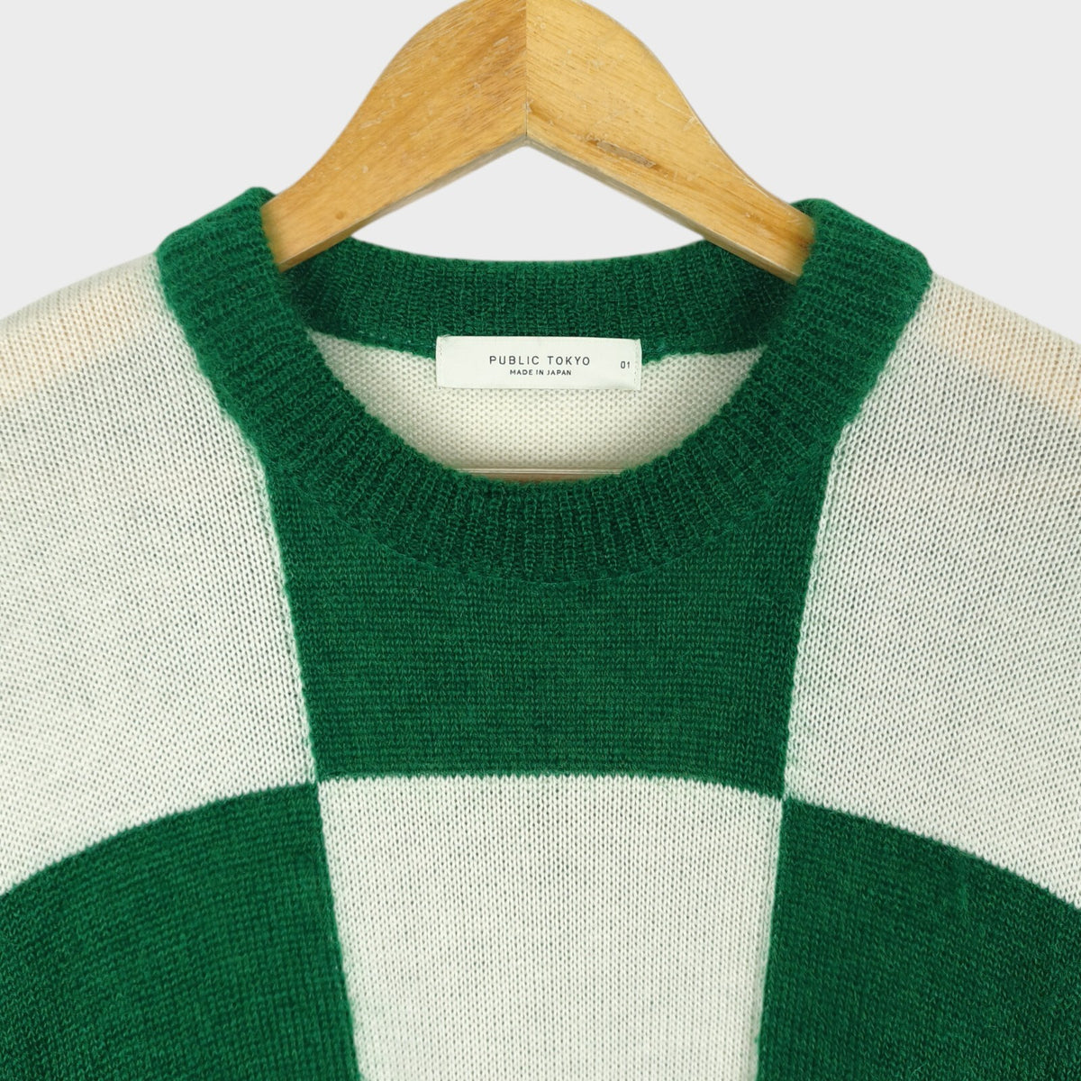 PUBLIC TOKYO Men's Made in Japan Green/White Check Mohair Blend Shaggy Jumper