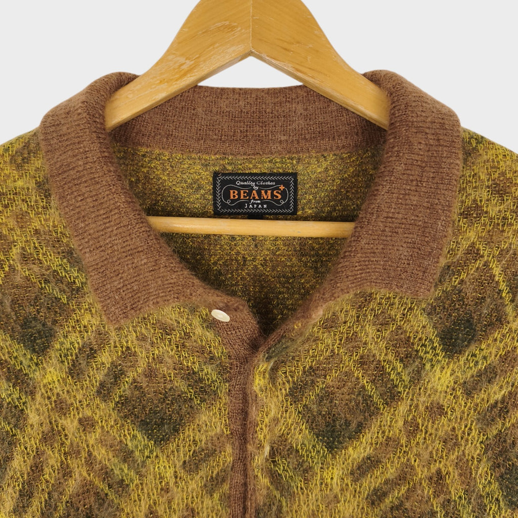 BEAMS PLUS Men's Argyle Shaggy Knit Mohair Blend Polo Shirt Jumper