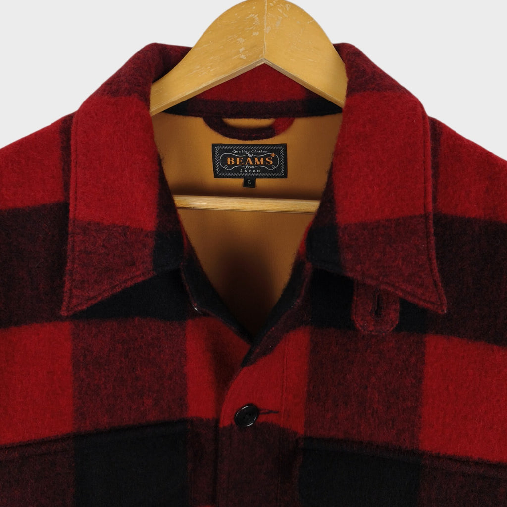 BEAMS PLUS Men's Red/Black Buffalo Wool Blend Check Mackinaw Cruiser Jacket