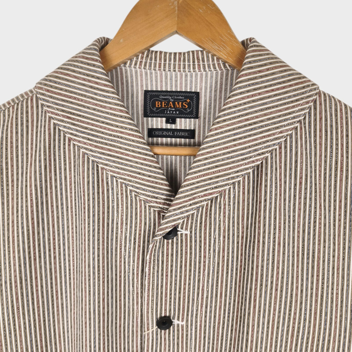 BEAMS PLUS Men's Hickory Striped Military Shawl Collar Jacket
