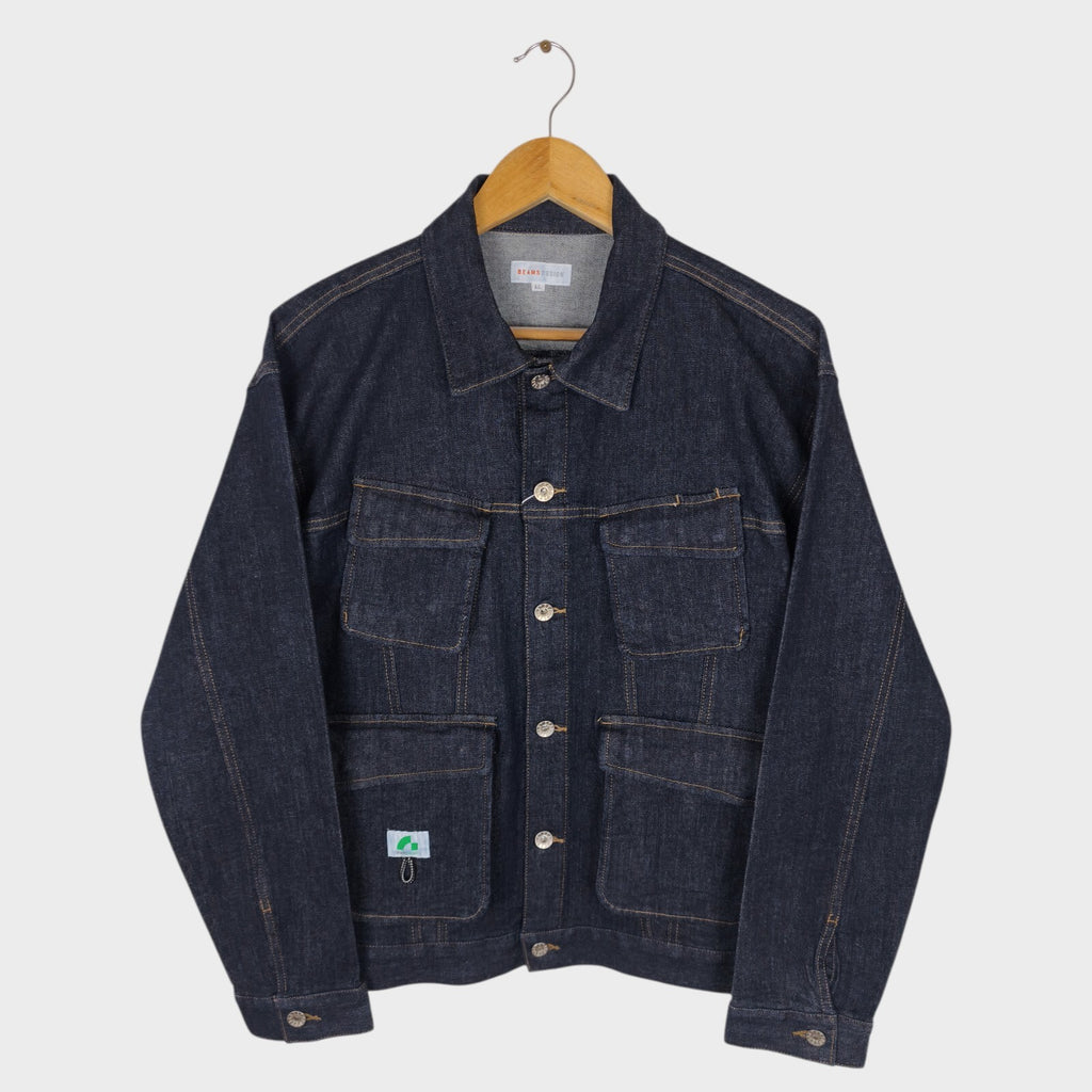 BEAMS Men's Dark Blue Cropped Denim Utility Chore Jacket