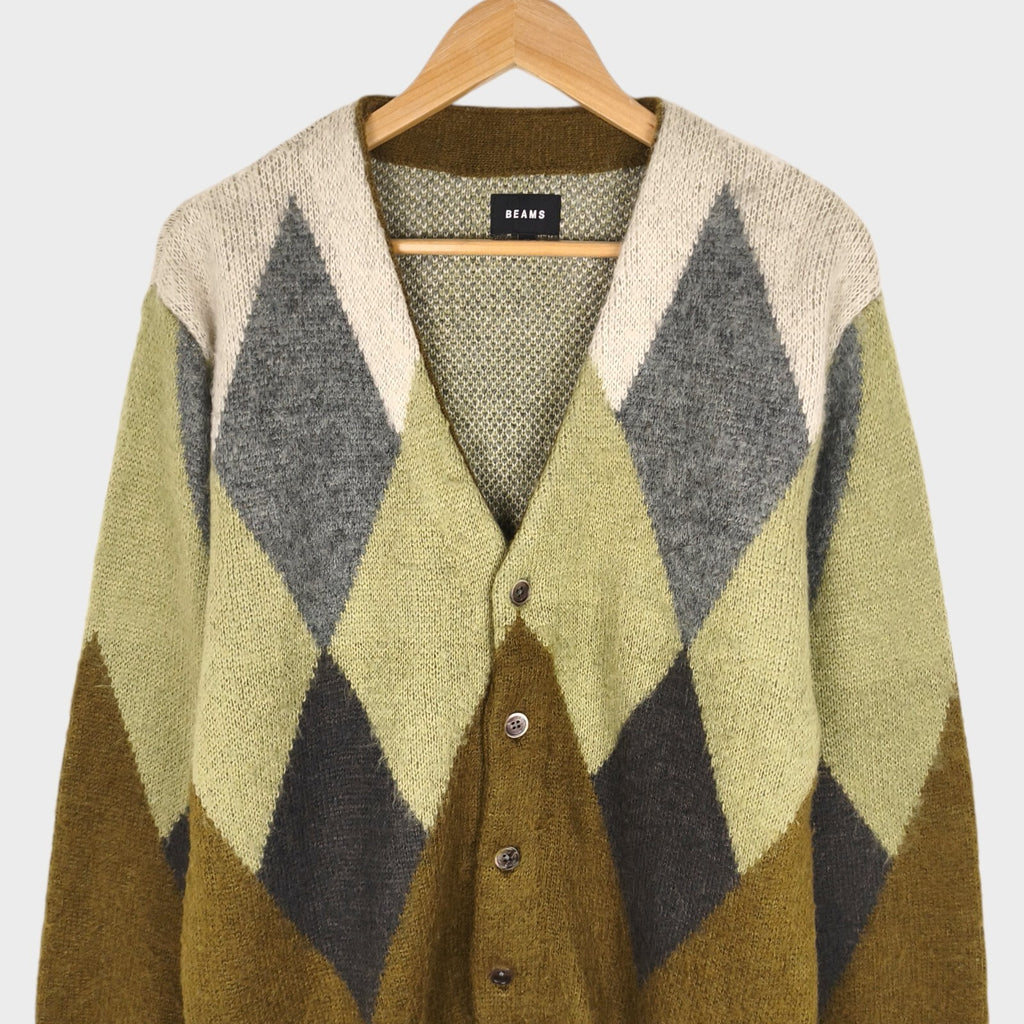 BEAMS Men's Argyle Wool Blend Shaggy Grunge Cardigan
