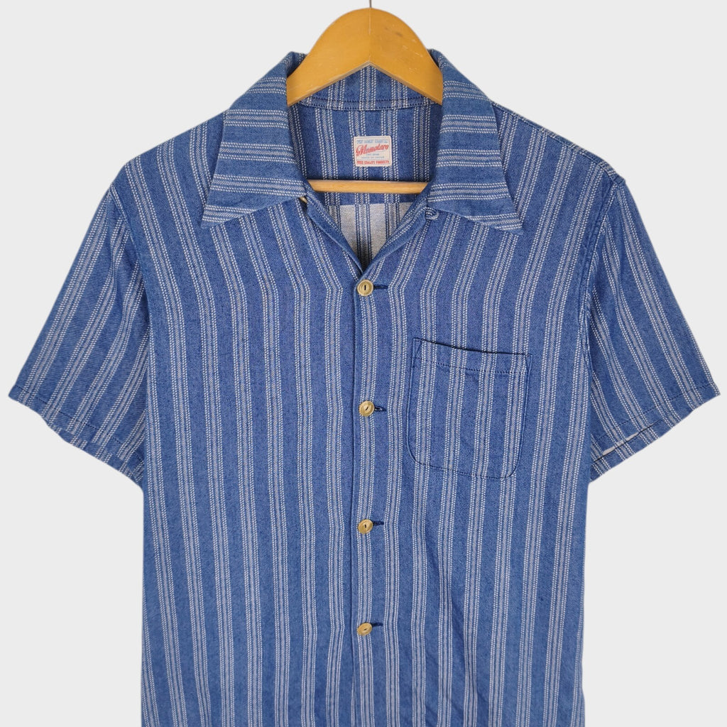 MOMOTARO Men's Made in Japan Blue Striped Camp Collar Short Sleeved Shirt
