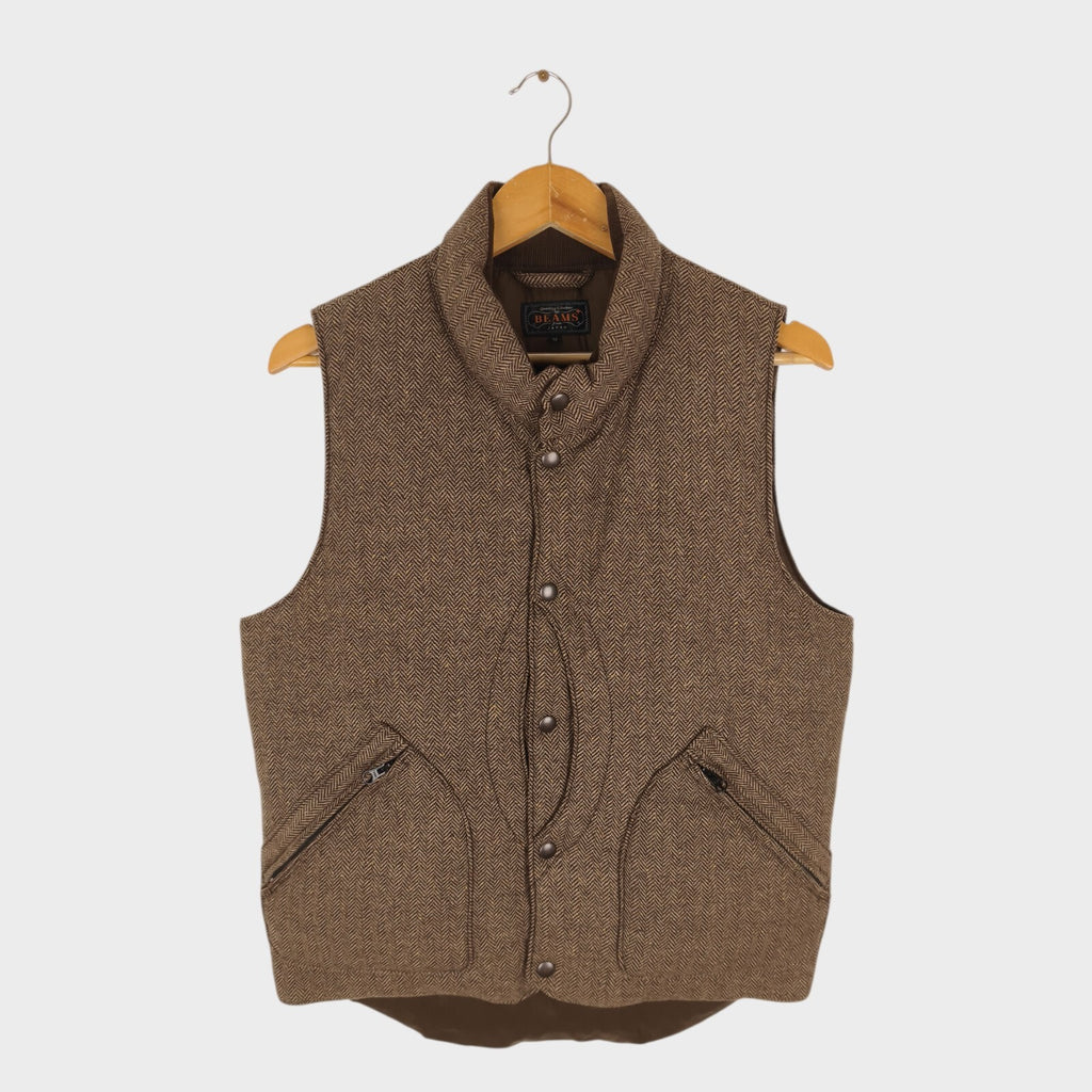 BEAMS PLUS Men's Brown Herringbone Wool Blend Down Feather Utility Gilet