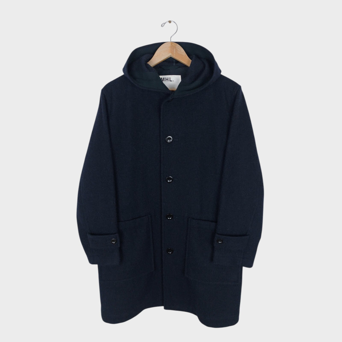 MHL MARGARET HOWELL Men's Dark Navy Blue 100% Wool Hooded Coat