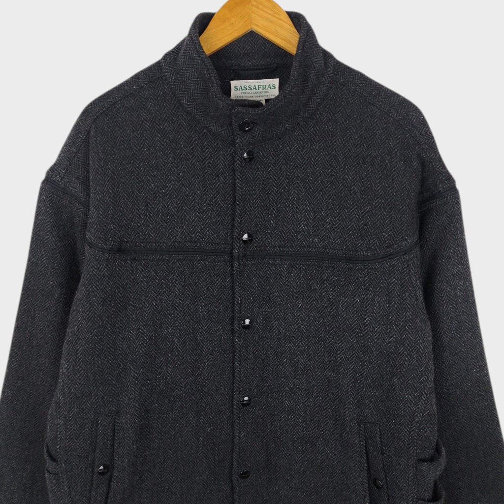 SASSAFRAS Men's Made in Japan Grey Gardener Cap Wool Herringbone Blanket Jacket