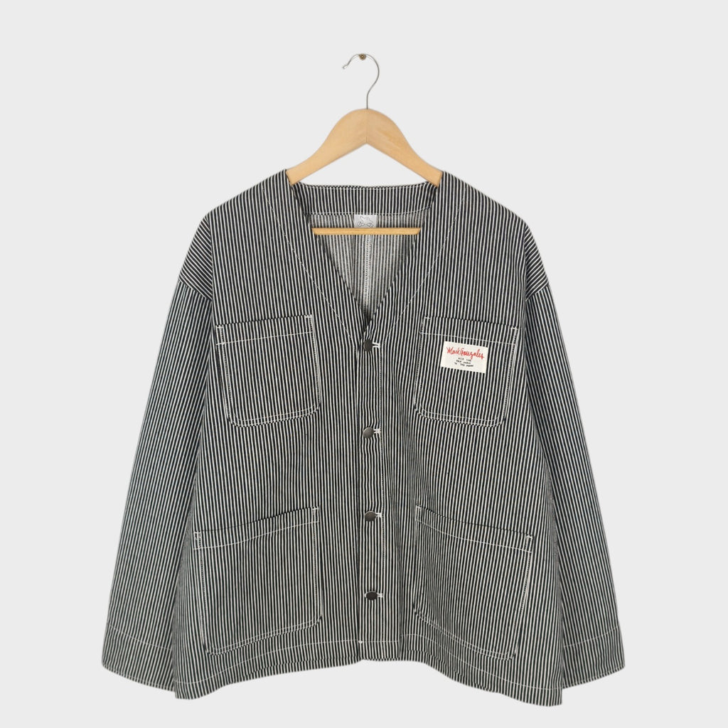 MARK GONZALES Men's Oversized Fit Hickory Stripe V-Neck Engineer Chore Jacket