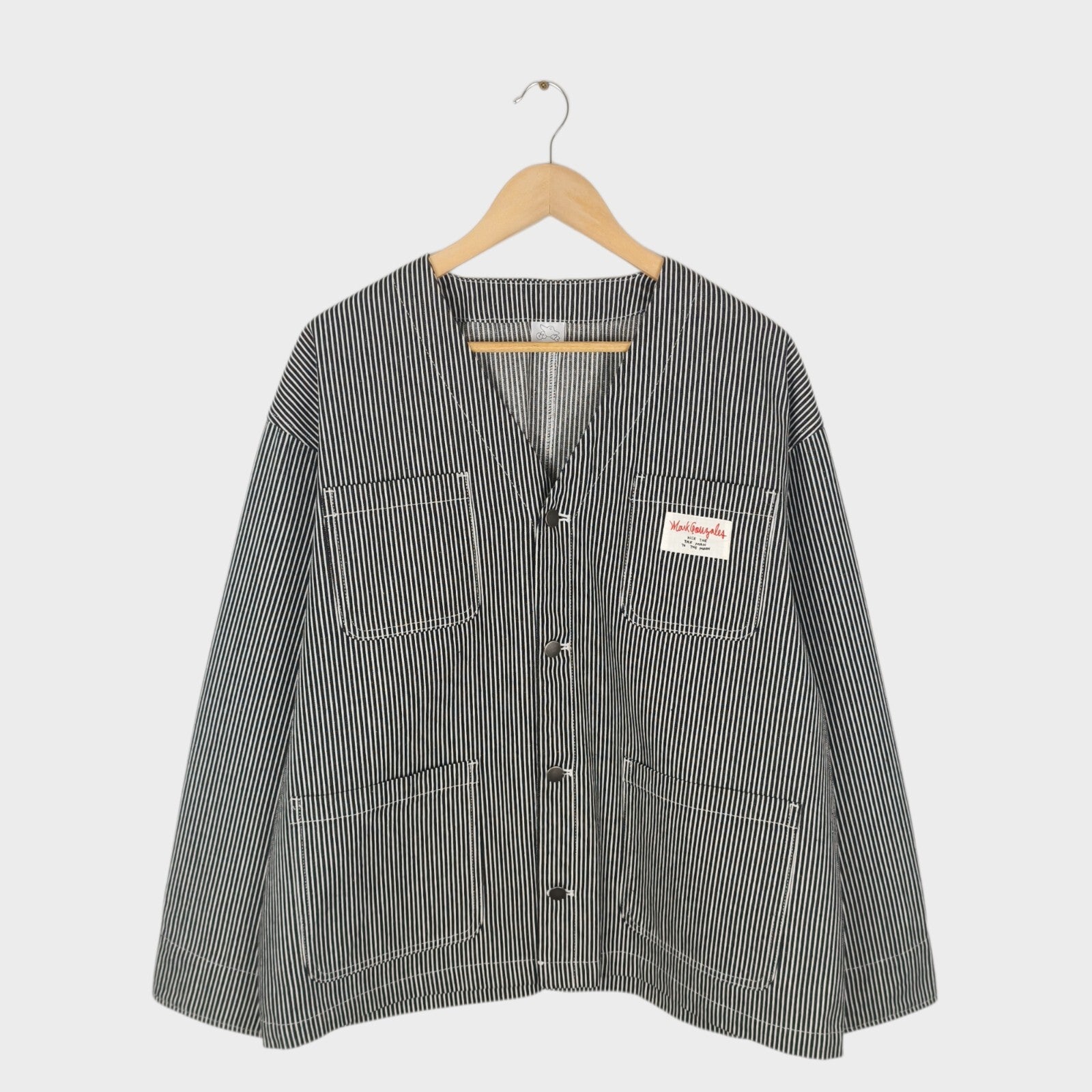 MARK GONZALES Men's Oversized Fit Hickory Stripe V-Neck Engineer Chore Jacket