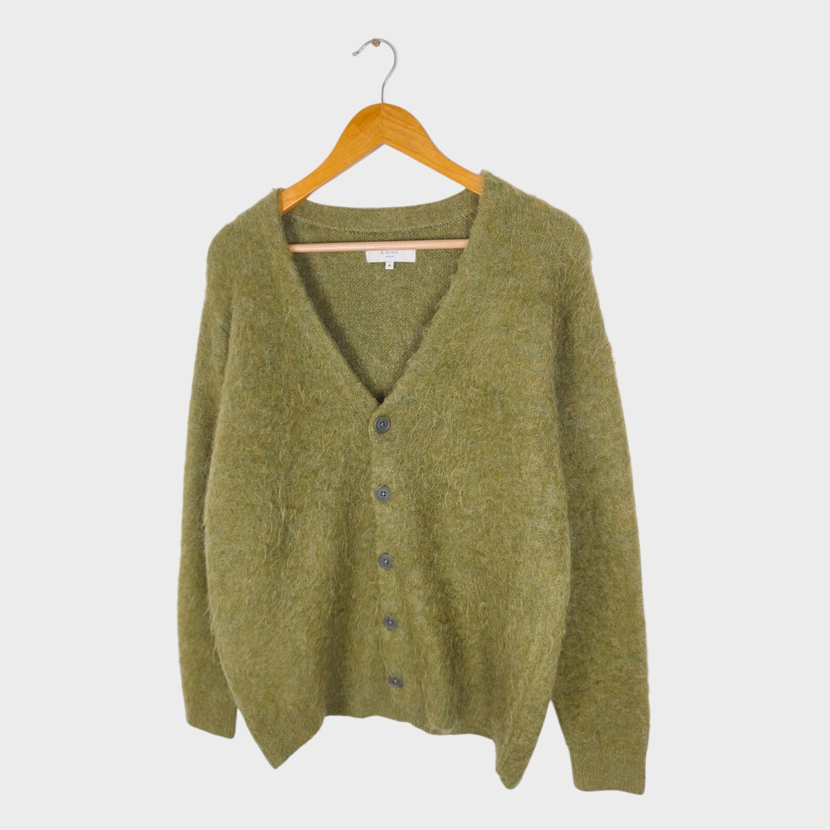 BEAMS B:MING Men's Green Mohair Blend Shaggy Grunge Cardigan