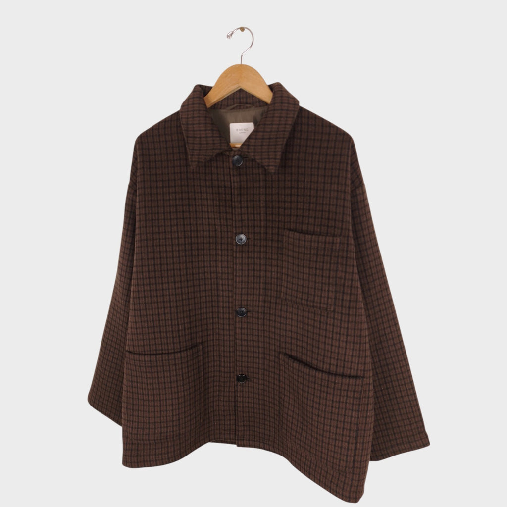 BEAMS B:MING Men's Brown Check Tasmania Wool Blend Chore Jacket