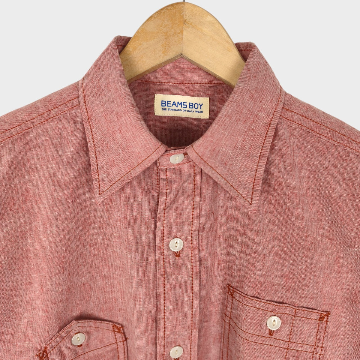 BEAMS BOY Women's Linen Blend Pink/Pastel Red Boxy Fit Utility Shirt