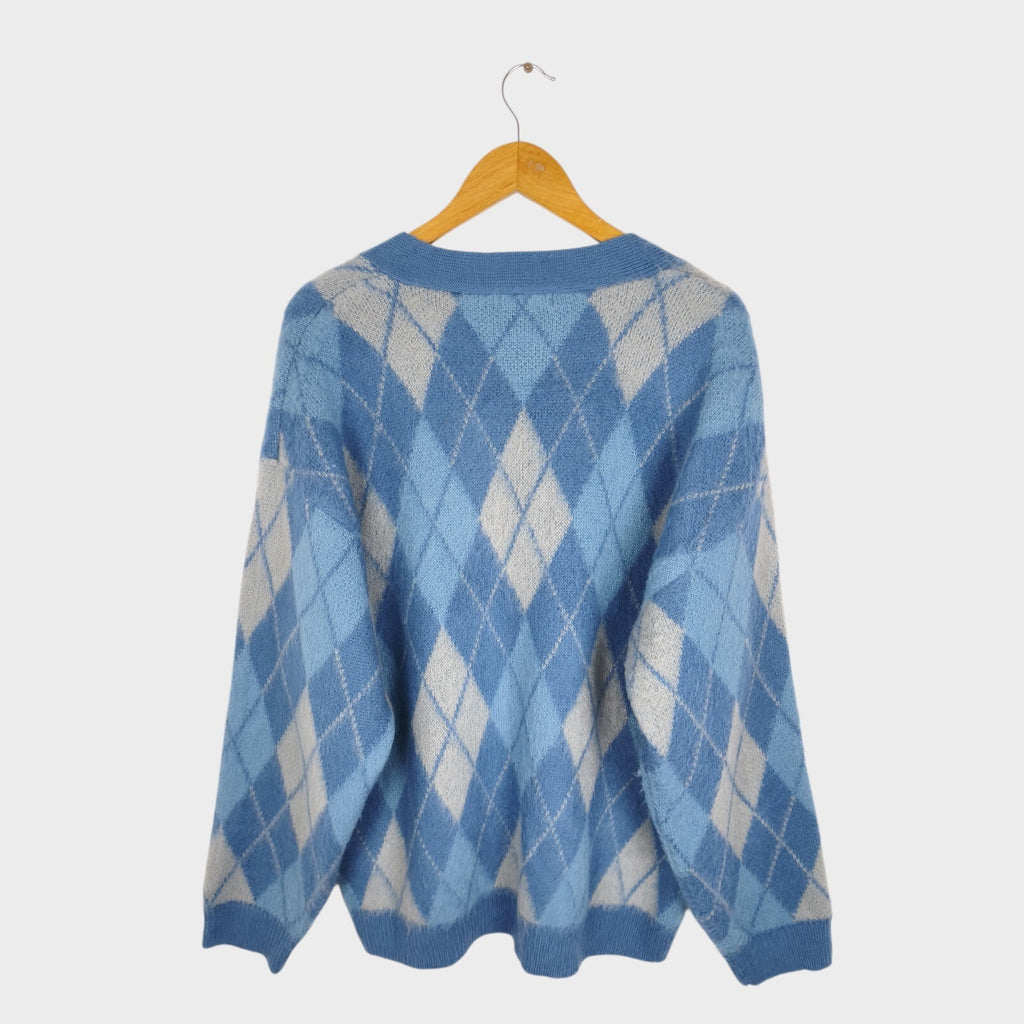 BEAMS HEART Men's Blue Relaxed Shaggy Grunge Argyle Cardigan