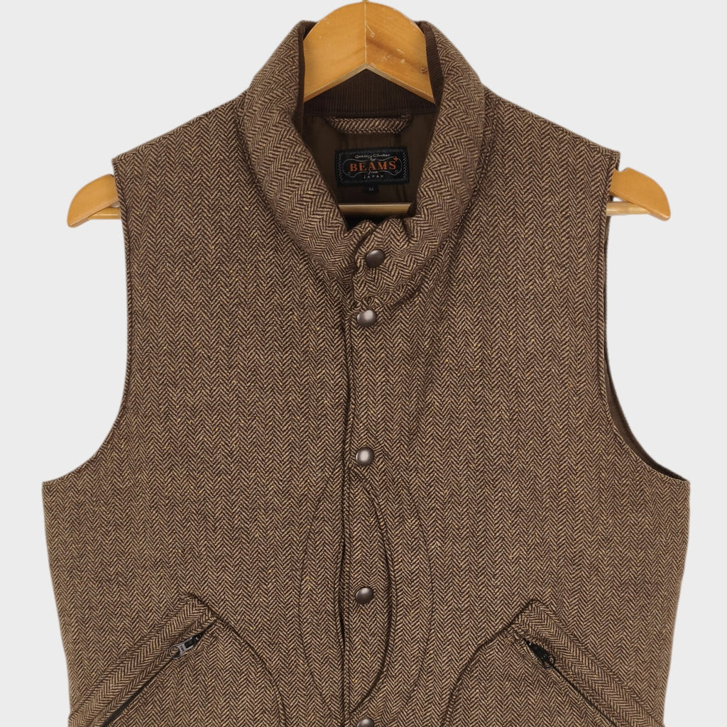 BEAMS PLUS Men's Brown Herringbone Wool Blend Down Feather Utility Gilet