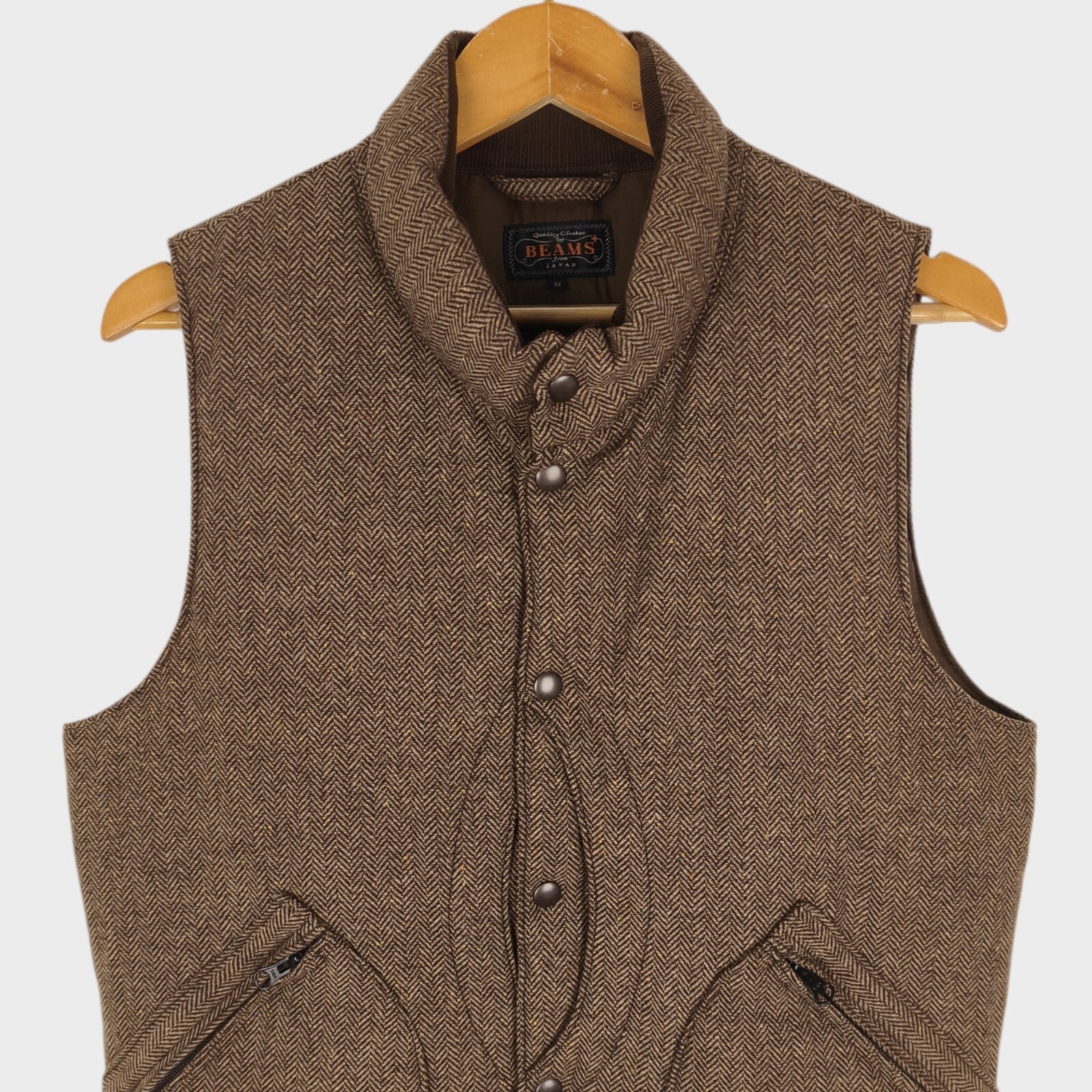 BEAMS PLUS Men's Brown Herringbone Wool Blend Down Feather Utility Gilet
