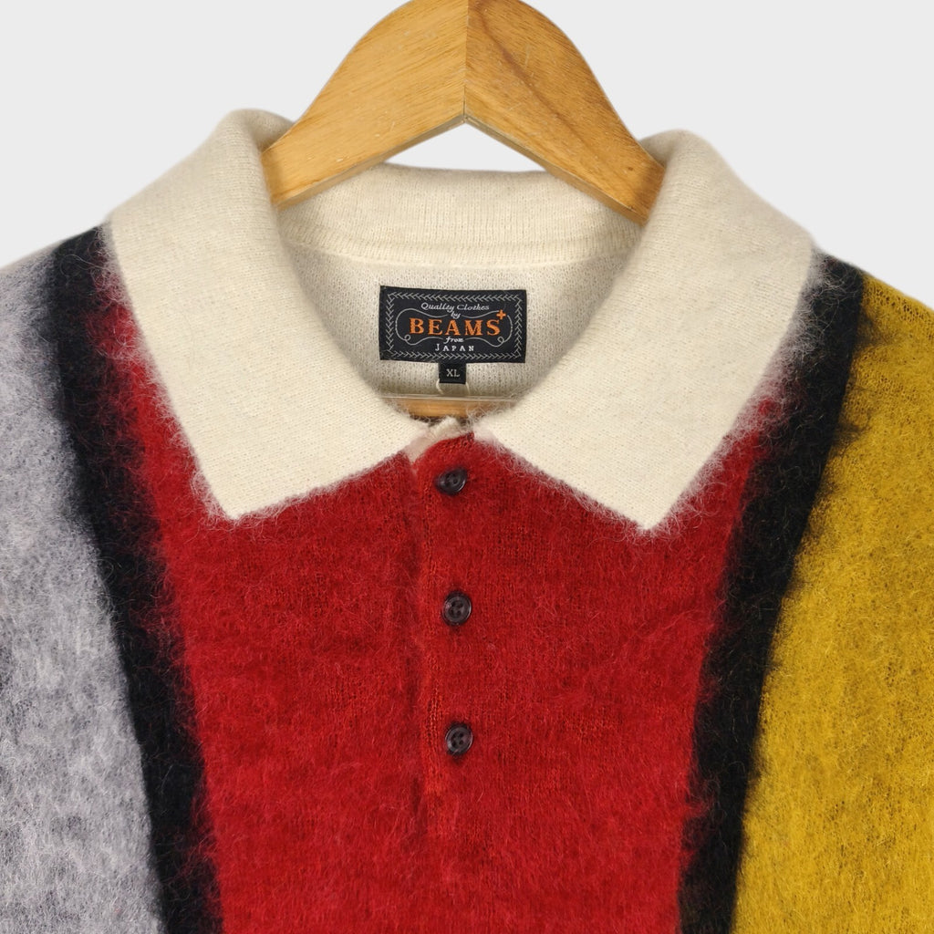 BEAMS PLUS Men's Cream 9 Gauge Shaggy Mohair Blend Polo Shirt Jumper